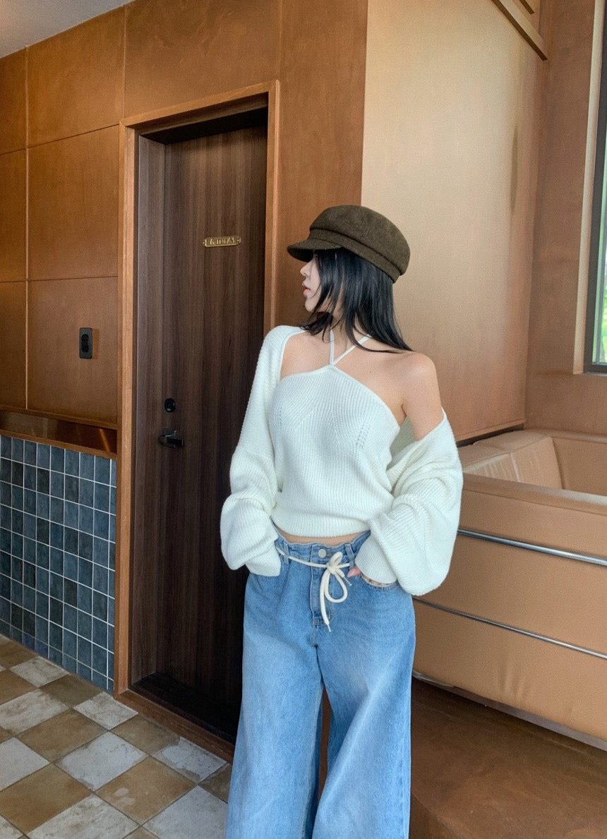 Halter Neck Top + Knit Cardigan Set