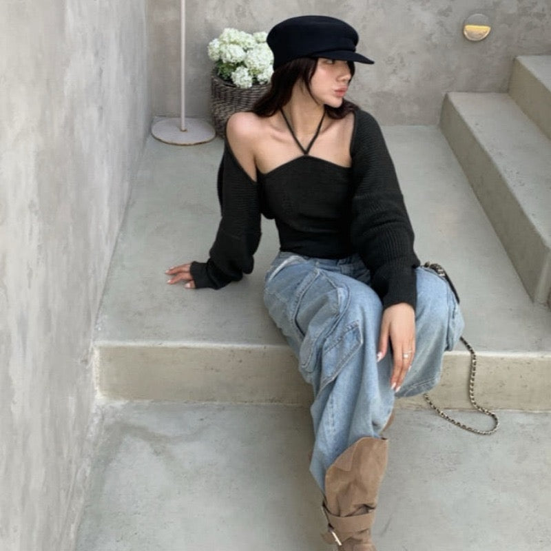 Halter Neck Top + Knit Cardigan Set