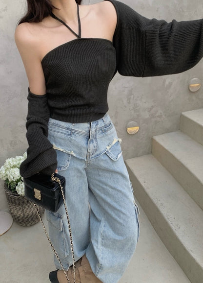 Halter Neck Top + Knit Cardigan Set