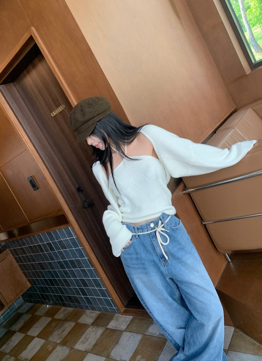 Halter Neck Top + Knit Cardigan Set