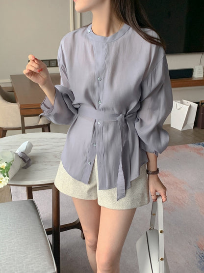 Round-neck Button-down Tie-waist Slim-fit Blouse
