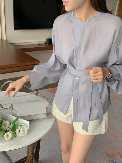 Round-neck Button-down Tie-waist Slim-fit Blouse