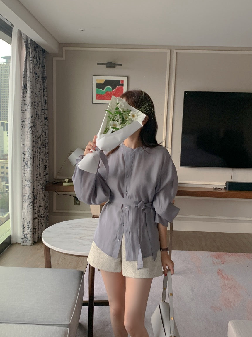 Round-neck Button-down Tie-waist Slim-fit Blouse