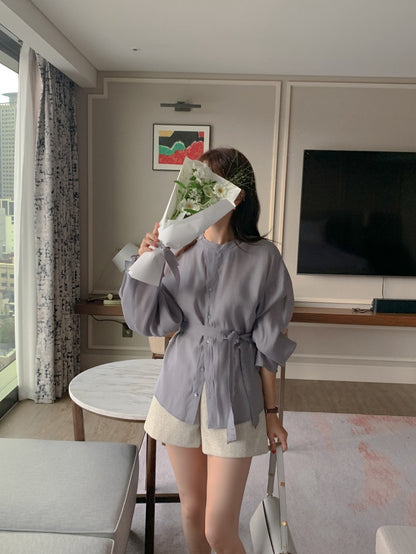 Round-neck Button-down Tie-waist Slim-fit Blouse