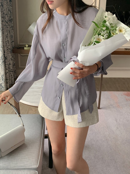 Round-neck Button-down Tie-waist Slim-fit Blouse