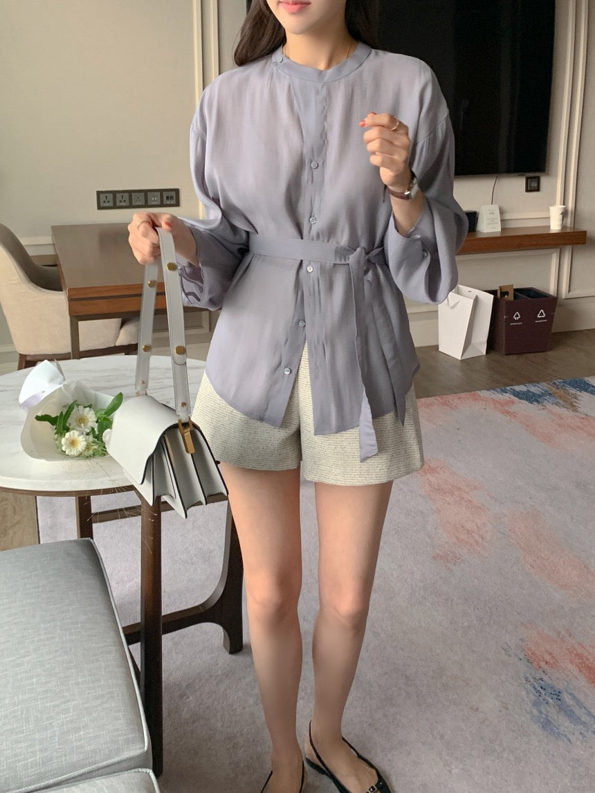 Round-neck Button-down Tie-waist Slim-fit Blouse