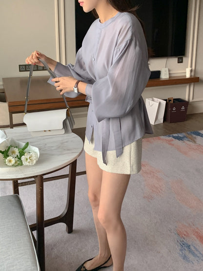 Round-neck Button-down Tie-waist Slim-fit Blouse