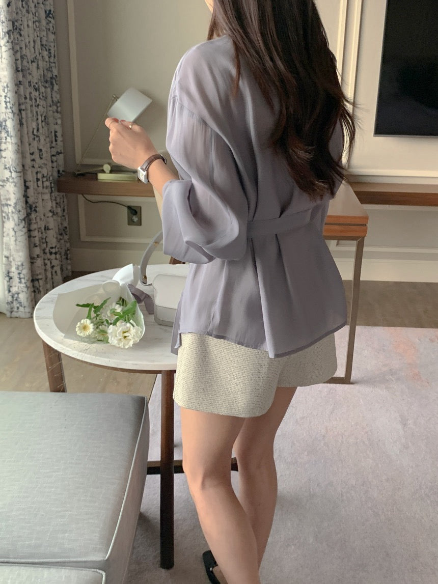 Round-neck Button-down Tie-waist Slim-fit Blouse