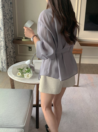 Round-neck Button-down Tie-waist Slim-fit Blouse