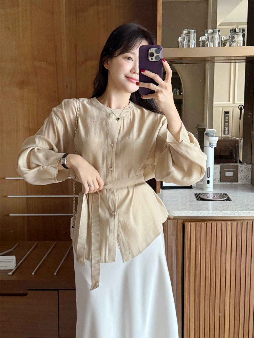 Round-neck Button-down Tie-waist Slim-fit Blouse