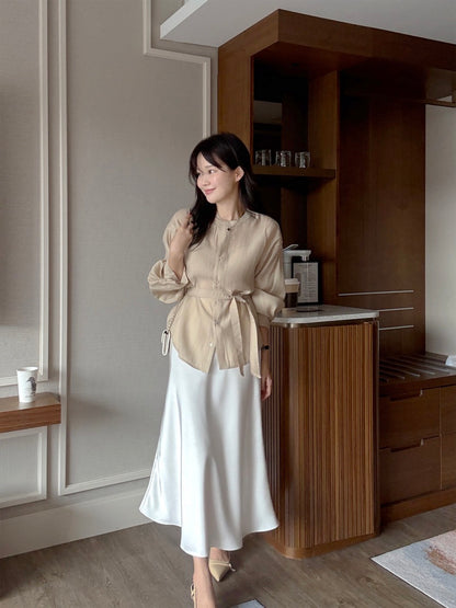 Round-neck Button-down Tie-waist Slim-fit Blouse