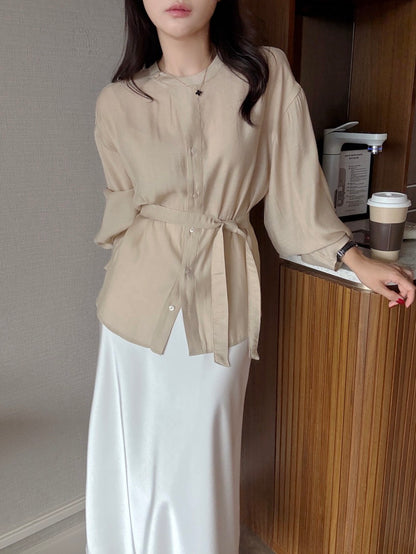 Round-neck Button-down Tie-waist Slim-fit Blouse