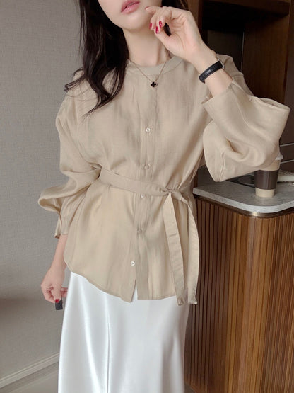 Round-neck Button-down Tie-waist Slim-fit Blouse