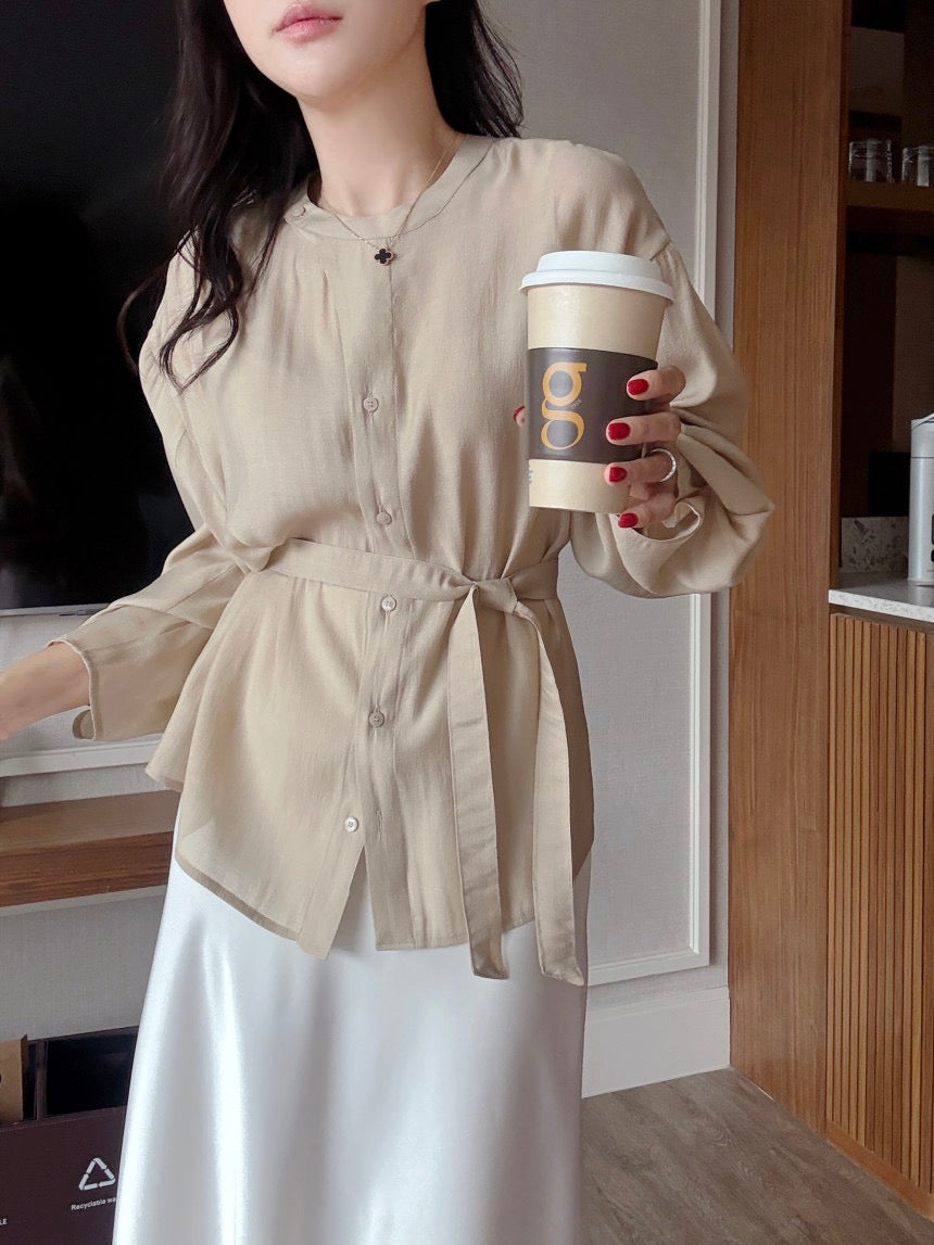 Round-neck Button-down Tie-waist Slim-fit Blouse