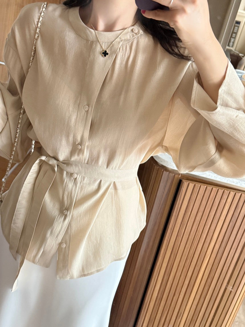 Round-neck Button-down Tie-waist Slim-fit Blouse