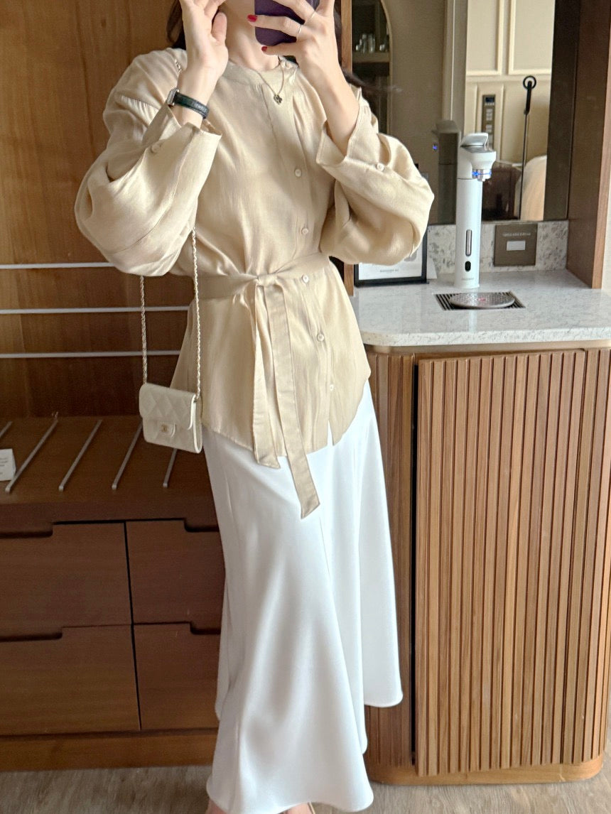 Round-neck Button-down Tie-waist Slim-fit Blouse