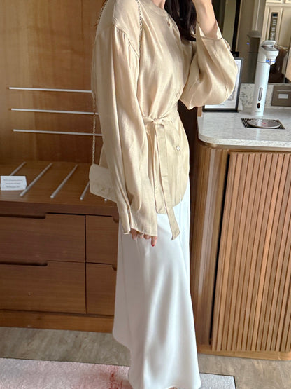 Round-neck Button-down Tie-waist Slim-fit Blouse