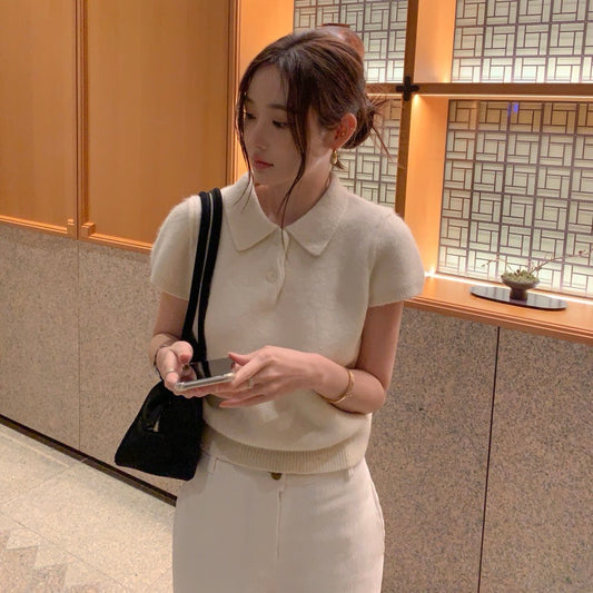 Minimalist Turn-down Collar Knitted Short Sleeve