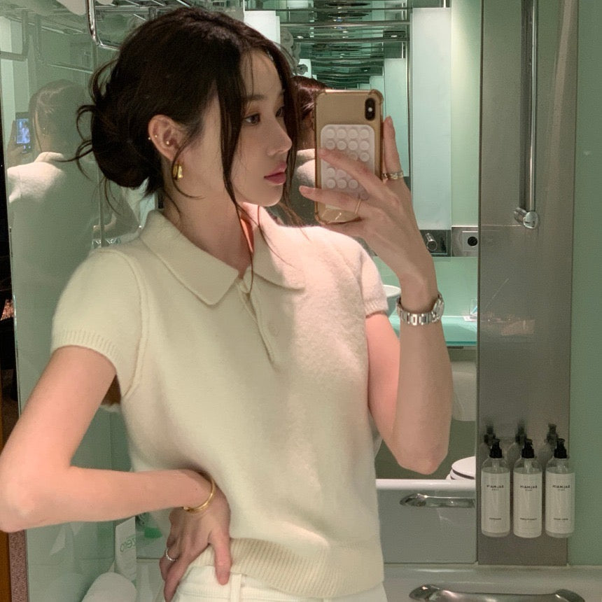 Minimalist Turn-down Collar Knitted Short Sleeve