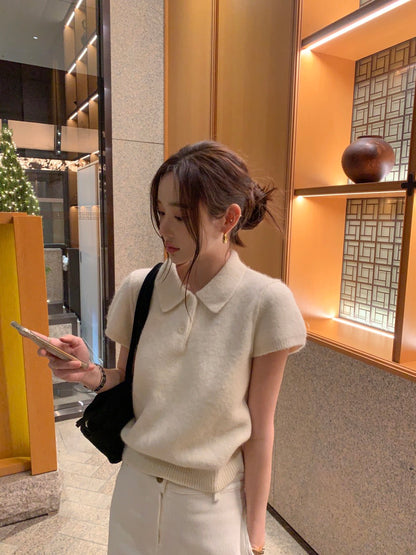 Minimalist Turn-down Collar Knitted Short Sleeve