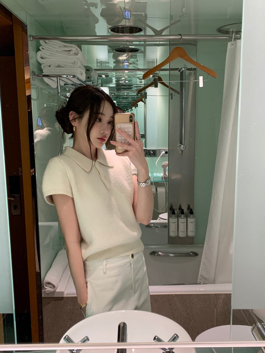 Minimalist Turn-down Collar Knitted Short Sleeve