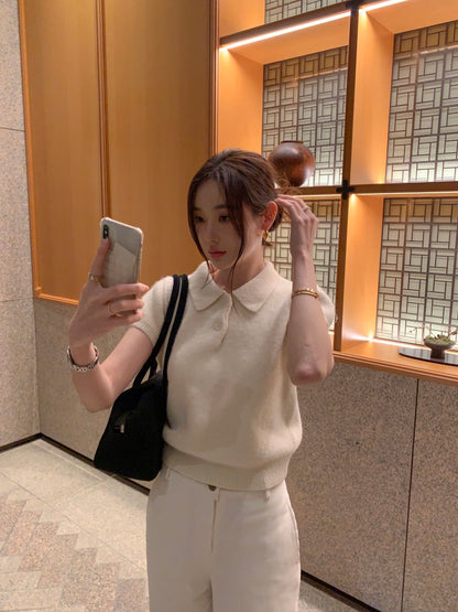 Minimalist Turn-down Collar Knitted Short Sleeve