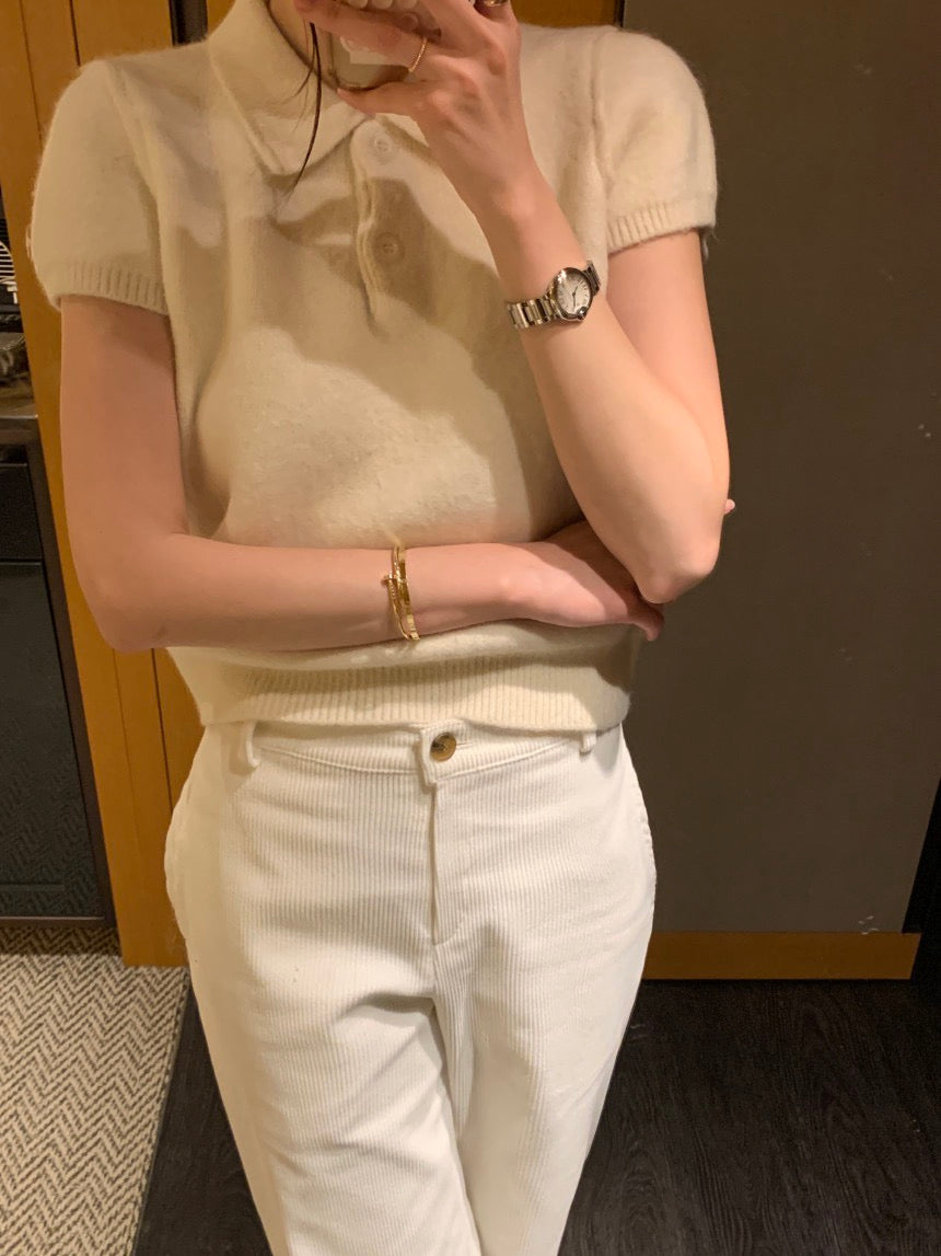 Minimalist Turn-down Collar Knitted Short Sleeve