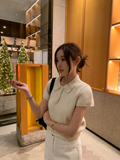 Minimalist Turn-down Collar Knitted Short Sleeve