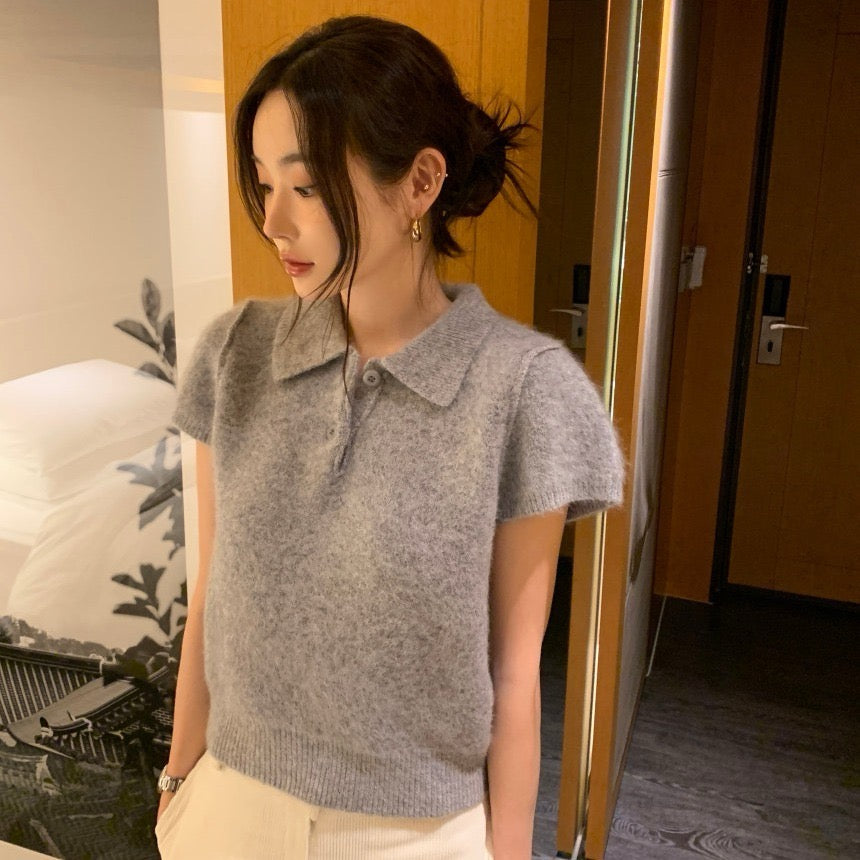 Minimalist Turn-down Collar Knitted Short Sleeve