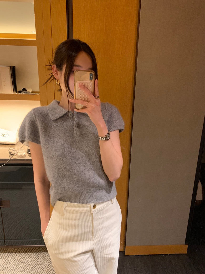 Minimalist Turn-down Collar Knitted Short Sleeve