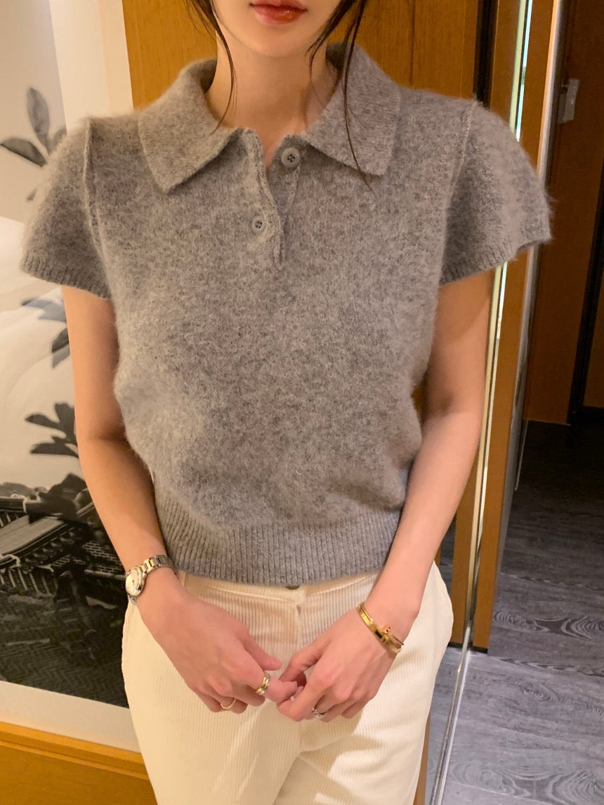 Minimalist Turn-down Collar Knitted Short Sleeve