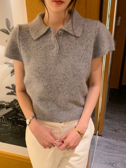 Minimalist Turn-down Collar Knitted Short Sleeve