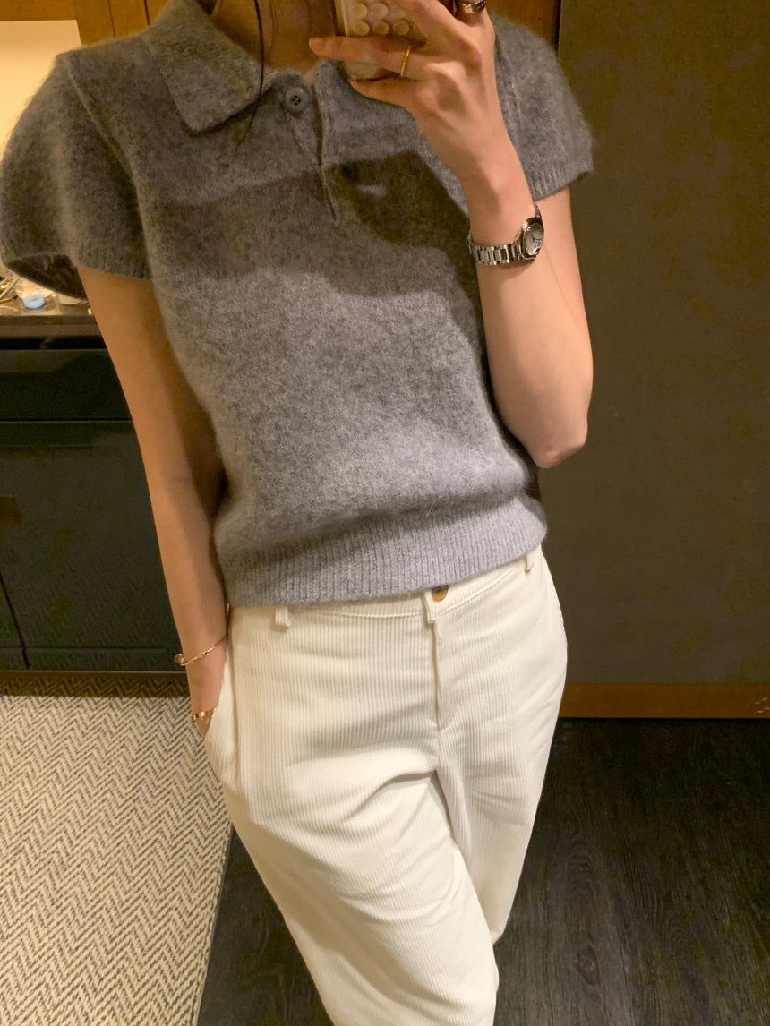 Minimalist Turn-down Collar Knitted Short Sleeve