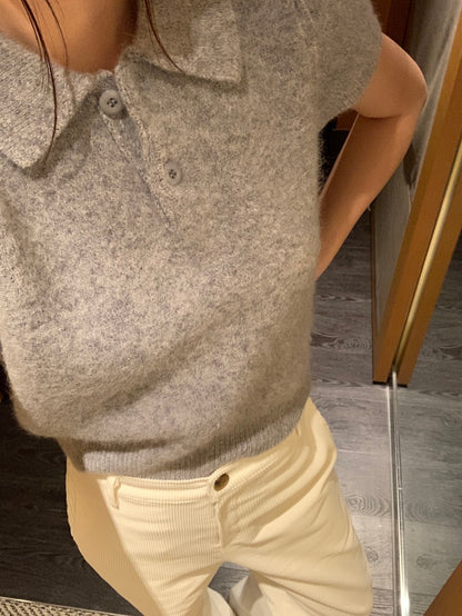 Minimalist Turn-down Collar Knitted Short Sleeve