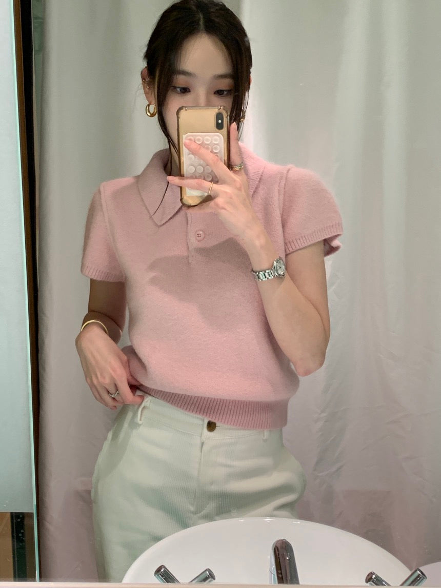 Minimalist Turn-down Collar Knitted Short Sleeve