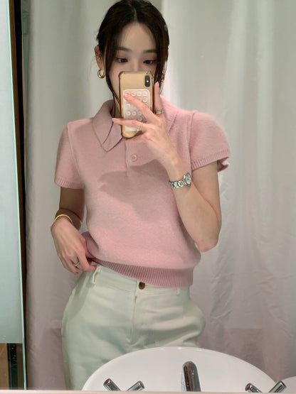 Minimalist Turn-down Collar Knitted Short Sleeve