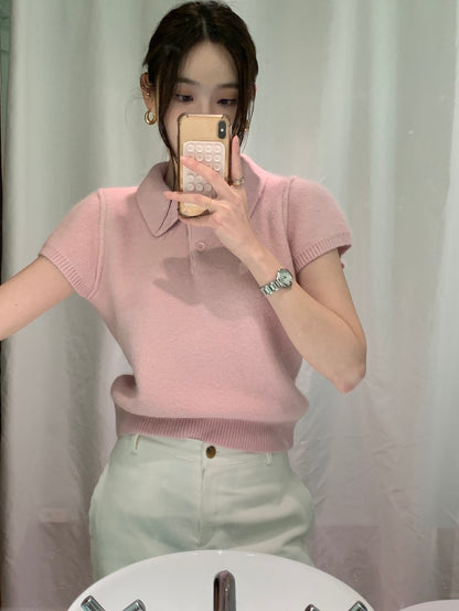 Minimalist Turn-down Collar Knitted Short Sleeve