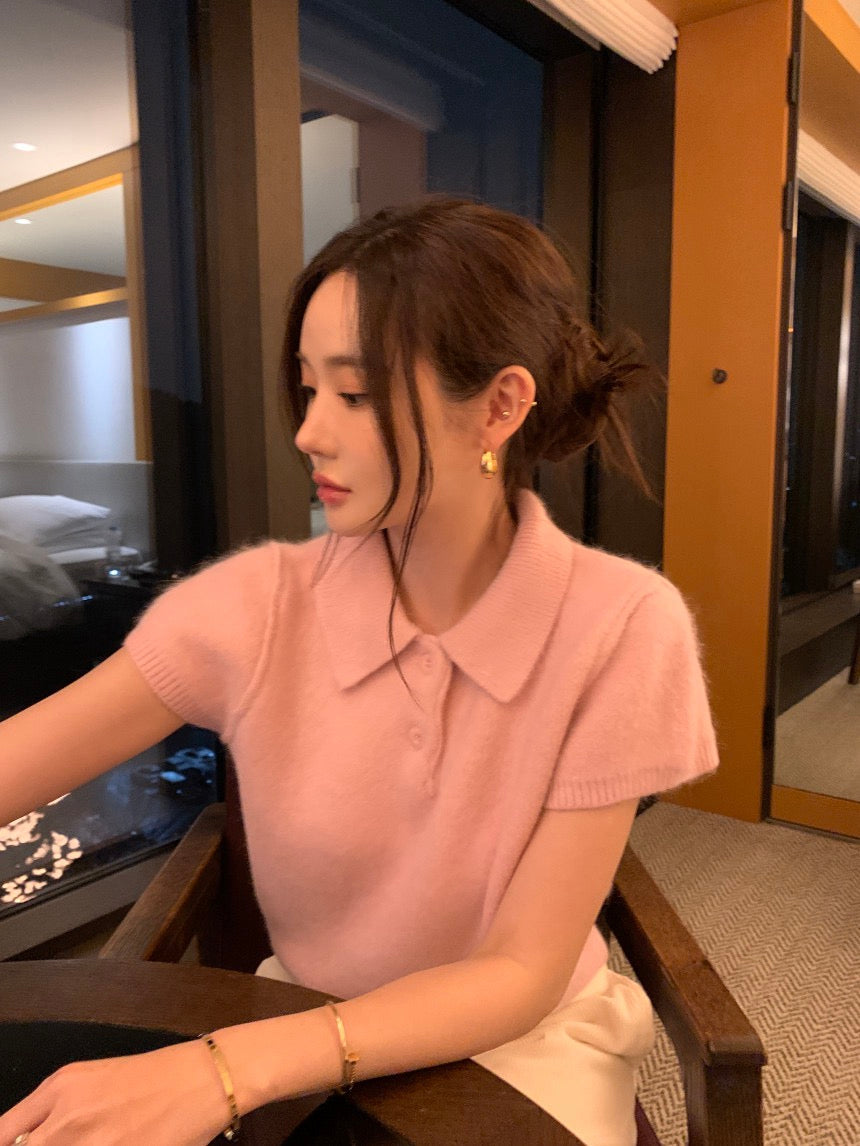 Minimalist Turn-down Collar Knitted Short Sleeve