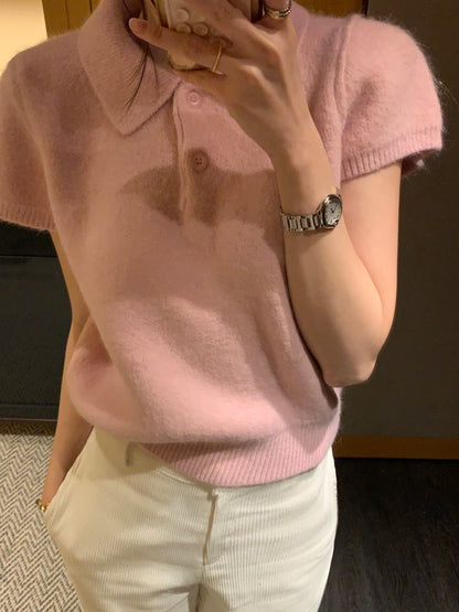 Minimalist Turn-down Collar Knitted Short Sleeve