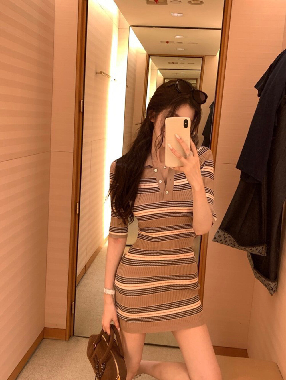 polo領針織條紋包臀裙