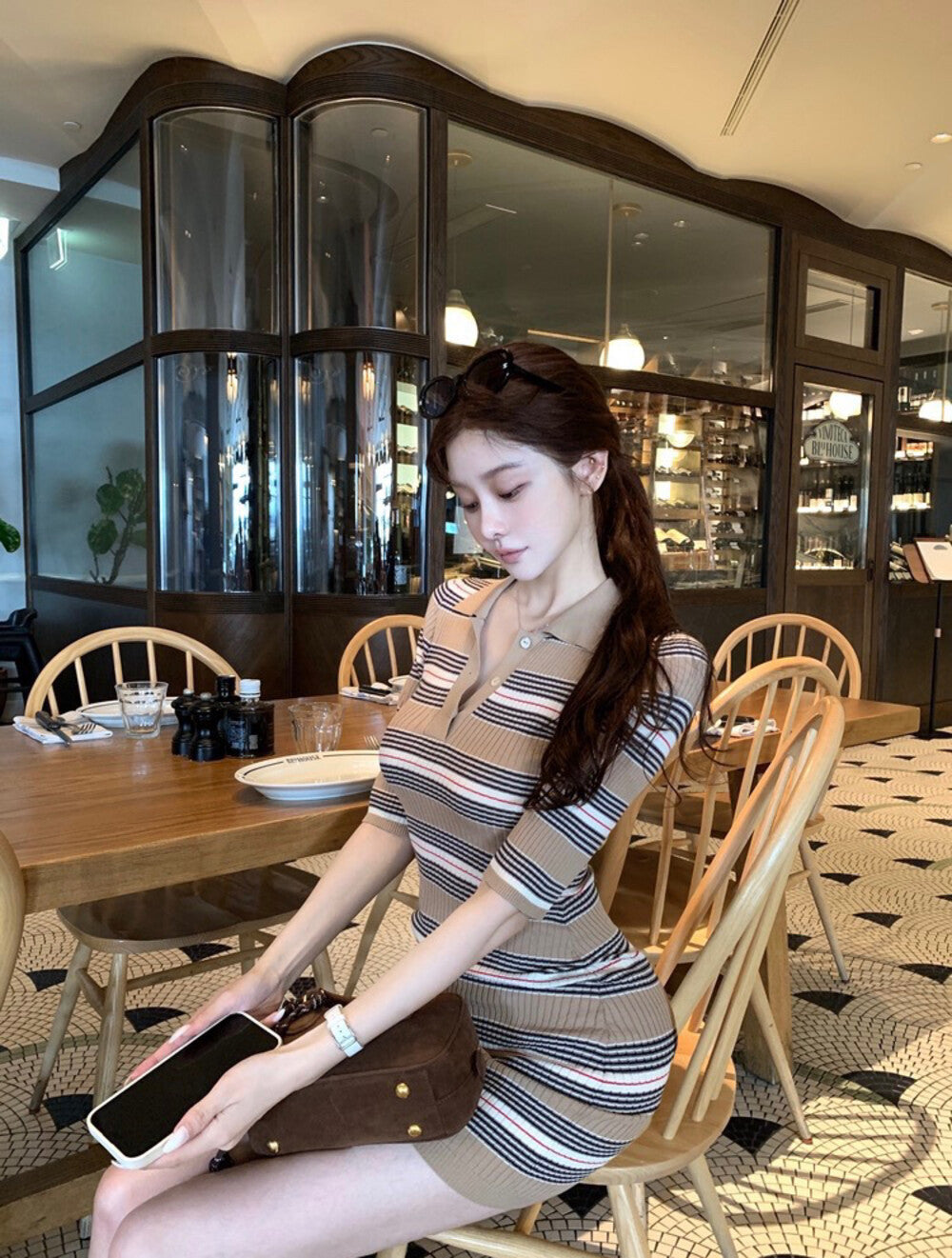 polo領針織條紋包臀裙