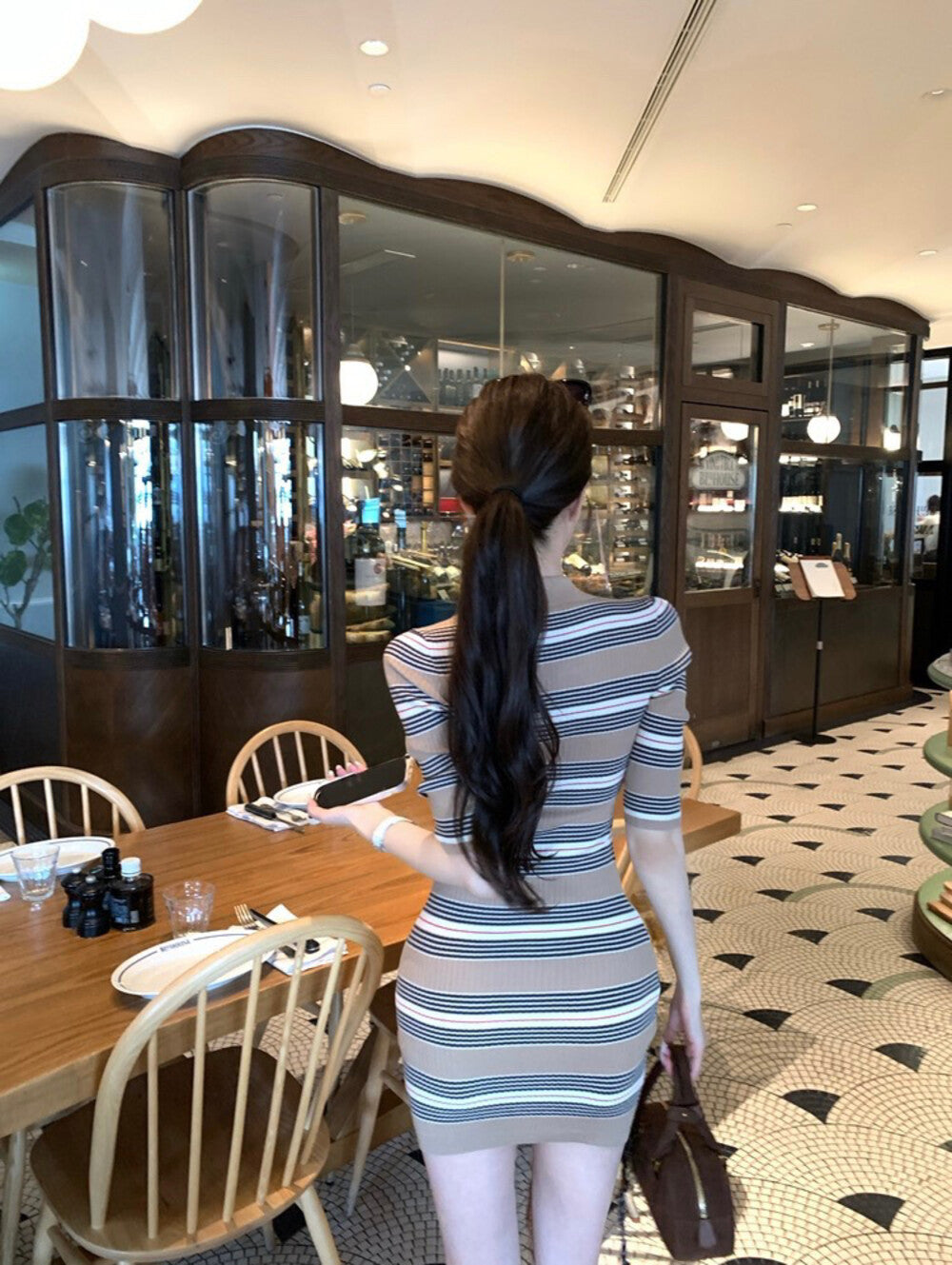 polo領針織條紋包臀裙