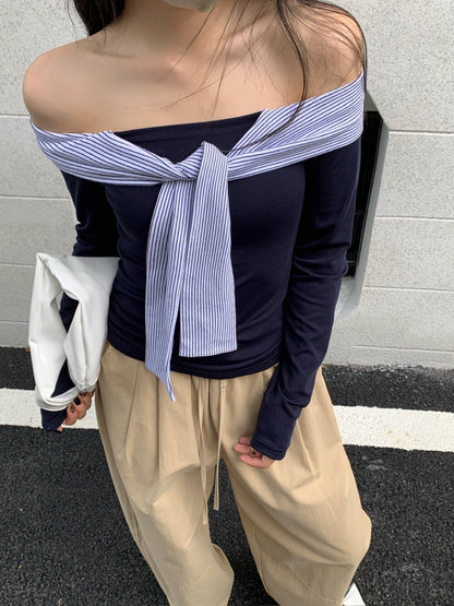 海軍領條紋撞色長袖t恤