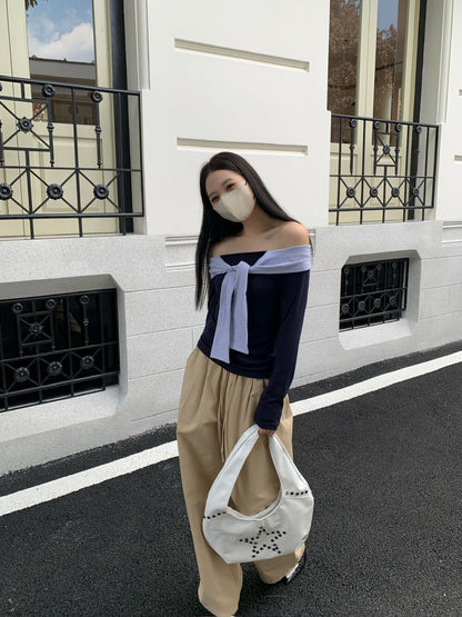 海軍領條紋撞色長袖t恤