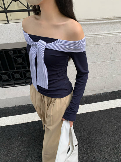 海軍領條紋撞色長袖t恤