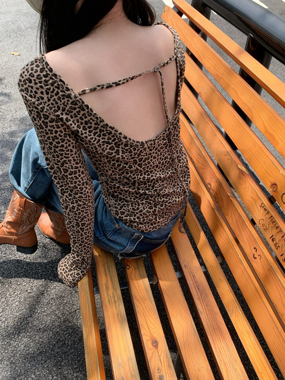 American Style Leopard Print Backless Long Sleeve T-Shirt