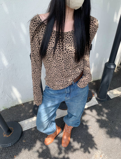 American Style Leopard Print Backless Long Sleeve T-Shirt
