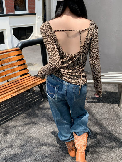 American Style Leopard Print Backless Long Sleeve T-Shirt