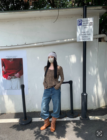 American Style Leopard Print Backless Long Sleeve T-Shirt