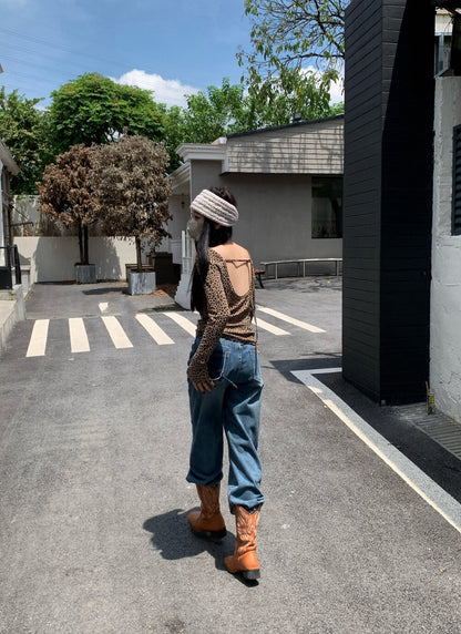 American Style Leopard Print Backless Long Sleeve T-Shirt